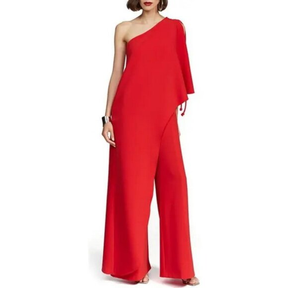 Halston Flame Red Ignacia One-Shoulder Wide Leg Crepe Jumpsuit